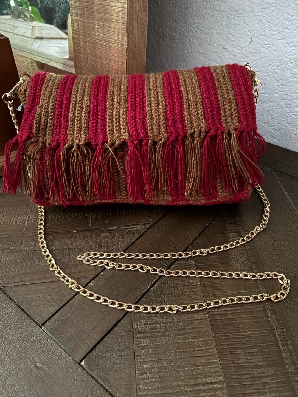 Soraya Red and Brown Fringe Crochet Crossbody Bag with Gold Chain